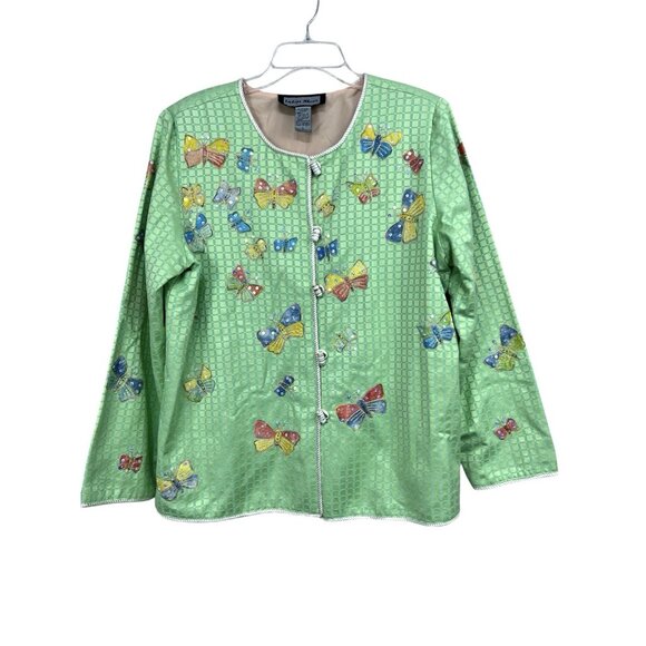 indigo moon Jackets & Blazers - Whimsical Butterfly Jacket L Pastel Green Embroidered Sequins Art To Wear Garden